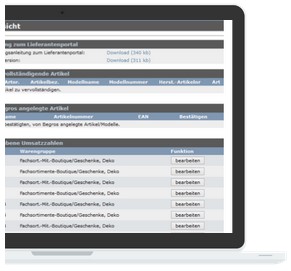 Begros Lieferantenportal: Laptop-Bildschirm zeigt eine Tabelle mit Spaltenüberschriften wie "Art des Lieferscheinanteil" und "Bearbeiten" sowie eine Schaltfläche "Download CSV".