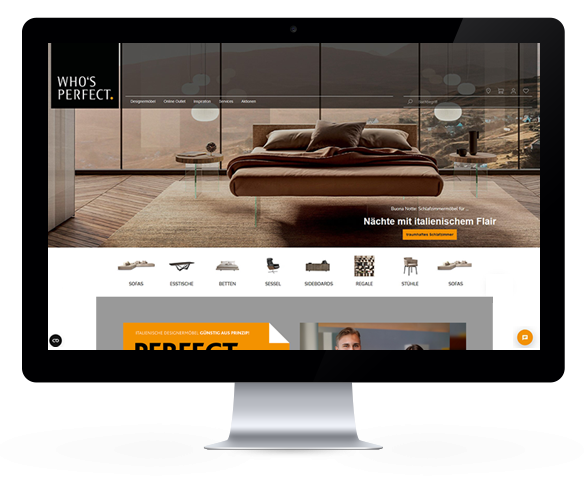 Luxuriöses Schlafzimmer mit italienischem Design, Text "Deine perfekte Schlafzimmeermöbel mit italienischem Flair" und Icons für Möbel von Whos Perfect.