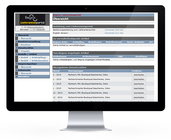 Laptop zeigt Begros Lieferantenportal-Interface mit Übersichtsseite und Download-Optionen.