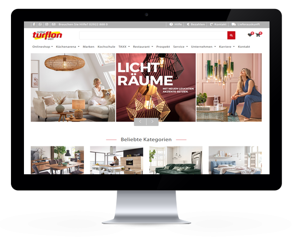 Laptop zeigt Webseite des Möbelhauses "turflan" mit der Überschrift "LICHT RÄUME" und Produktbildern.