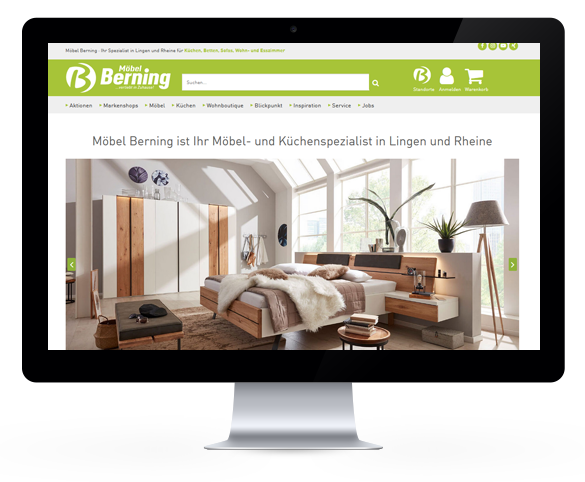 Webseite mit Logo "Berning" und Navigation, zeigt ein luxuriöses Schlafzimmer mit großem Bett.