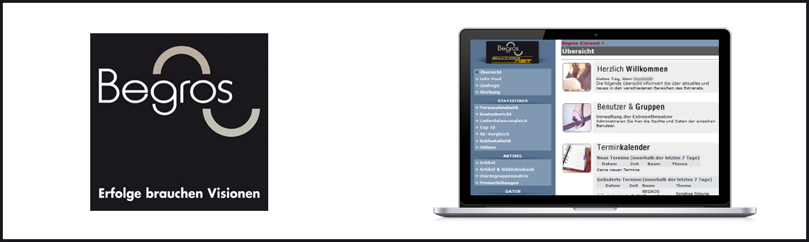 Laptop-Bildschirm zeigt die Begros-Webseite mit Übersicht über einen Terminkalender.