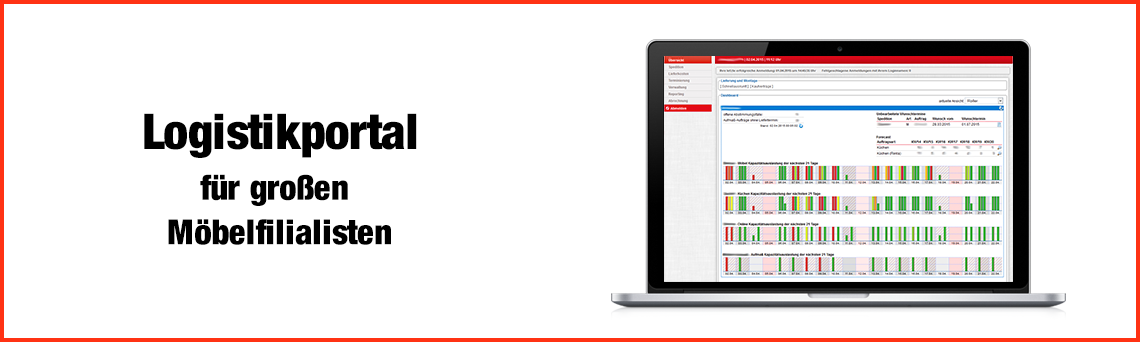 Laptop-Bildschirm zeigt Logistikportal-Oberfläche zur Verwaltung von Lagerbeständen und Bestellungen.