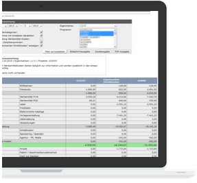 Begros Extranet - Laptop zeigt eine Tabelle mit Finanztransaktionen und Budgetübersicht.