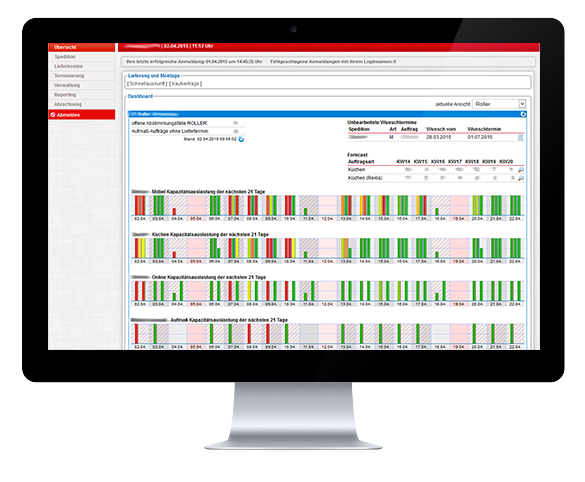 iMac-Bildschirm zeigt eine Softwareoberfläche mit Diagrammen und Tabellen für Lager- oder Logistikmanagement.