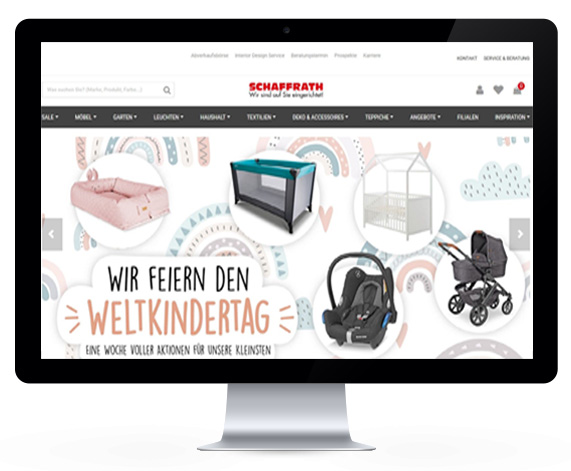 Webseite von Schaffrath mit Babyartikeln und der Aktion "WIR FEIERN DEN WELTKINDERTAG".