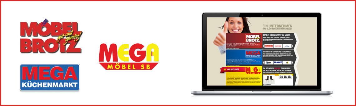 Werbeplakat mit einer lächelnden Frau vor einem Laptop, das Möbel Brotz und verschiedene Markennamen wie MEGA, Küchenmarkt und Möbel Brotz bewirbt.