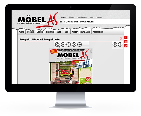 Möbel-Webseite von Möbel AS mit Menü, Prospektanzeige und Preisaktionen auf Möbel.