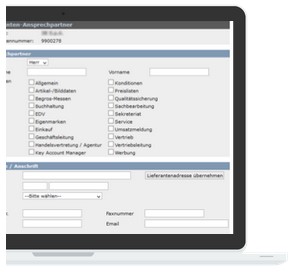 Begros Lieferantenportal - Laptop mit Formular zur Dateneingabe, inklusive Feldern zur Lieferantenanschrift und Referenznummer.