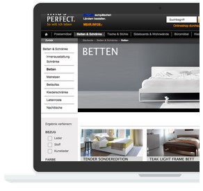 Laptop zeigt Webseite mit dem Namen "WHOS PERFECT" und Produktpräsentation von Betten.
