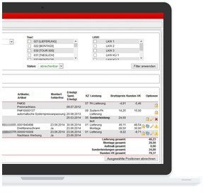 Screenshot eines Logistikportals. Laptop zeigt eine Tabelle mit Lieferdaten, Preisen und Filteroptionen.Laptop zeigt eine Tabelle mit Lieferdaten, Preisen und Filteroptionen.