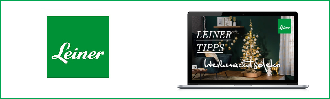 Laptop zeigt Foto einer weihnachtlich dekorierten Wohnung mit Leiner-Branding und Tipps.