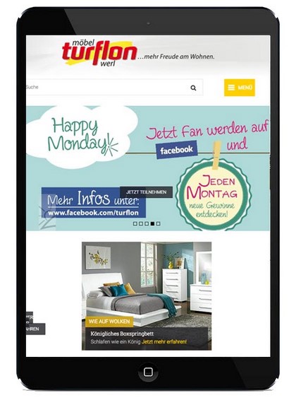 Möbel-Webseite von "möbel turflon" zeigt ein Schlafzimmer und ein Kinderzimmer mit Möbeln.
