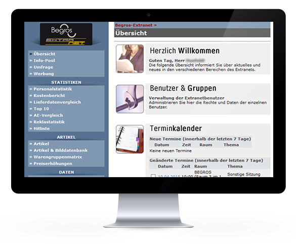 Laptop zeigt Begros-Extranet-Übersichtsseite mit Navigation, Terminkalender und Benutzerinformationen.