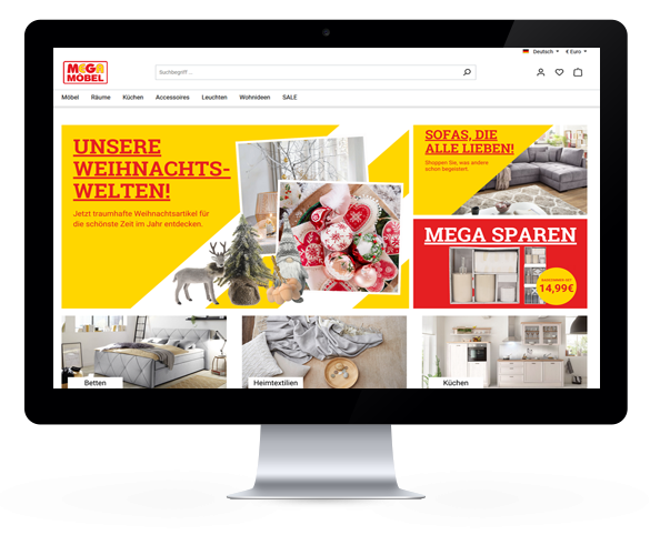 MegaSB Webseite mit weihnachtlicher Möbel- und Dekorationsauswahl, inklusive Banner "Unsere Weihnachtswelten!" und Sonderangeboten.