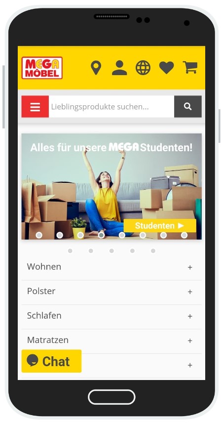 MEGA MÖBEL Website-Screenshot mit einer lächelnden Frau in einem kartonumgebenen Raum und dem Text "Alles für unsere Studenten".