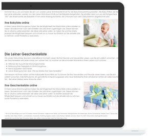 Laptop-Bildschirm zeigt eine Geschenkeliste mit Babyfoto und Geschenk, inklusive Text "Ihre Geschenkeliste" und Bestätigung der Artikel.