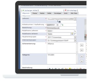 Alliance Intranet - Laptop-Bildschirm mit Softwareoberfläche zur Artikelverwaltung, inklusive Textfelder für Artikelnummer, Beschreibung und weitere Details.