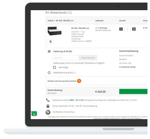 Laptop-Bildschirm zeigt eine E-Commerce Bestellübersicht bei Leiner mit Artikeln, Lieferkosten und Zahlungsoptionen.