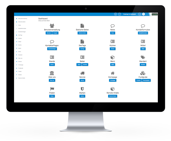Alliance Möbel Marketing: Dashboard-Oberfläche eines Computers mit Icons und Menüoptionen zur Verwaltung von Seiten und Marken.