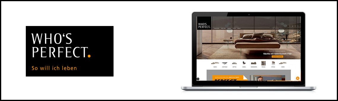 Laptop mit geöffneter Webseite, die den Titel "WHO'S PERFECT – So will ich leben" und ein Bild eines Bettes anzeigt.