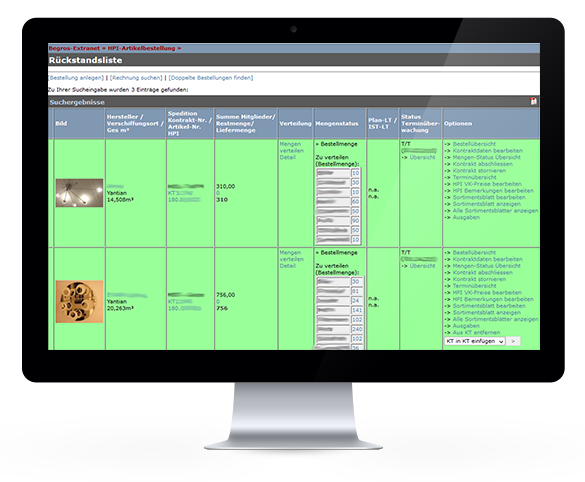 HPI Import-Tool: Software-Oberfläche zur Bestellverwaltung oder Lagerübersicht mit Tabellen und Suchfunktion.