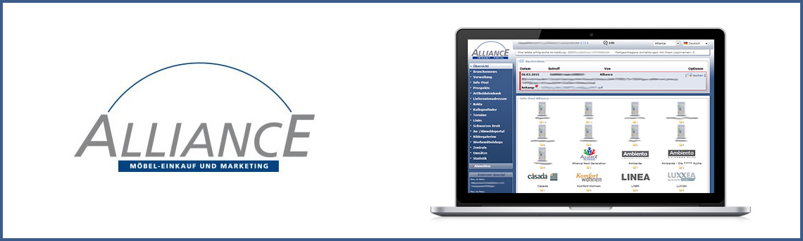 Allianc Logo links und Screenshot des Alliance Intranets rechts