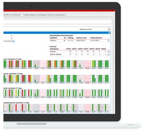 Laptop-Bildschirm zeigt eine Softwareanwendung mit Tabellen und Datensätzen, einschließlich eines blauen Balkens mit den Daten "2023-05-12" und "All-Events".
