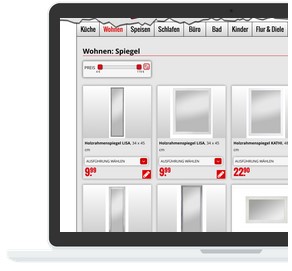 Möbel AS Webseite mit Registerkarten für verschiedene Wohnbereiche und Produktbildern mit Preisen.