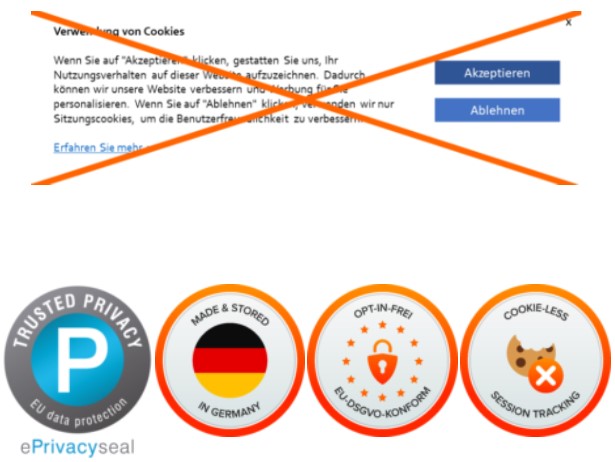 etracker - Vier runde Logos mit Kennzeichen für Vertrauenswürdigkeit, deutsche Herkunft, DSGVO-Konformität und Session Tracking.