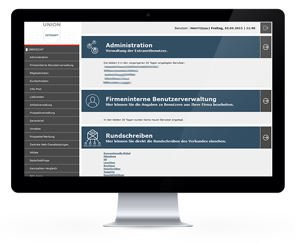 Desktop-Computer mit Union Extranet-Oberfläche zur Firmeninternen Benutzerverwaltung.
