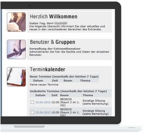 Begros Extranet; Apple Bildschirm mit Vereinsübersicht, Terminkalender und Benutzerverwaltung.