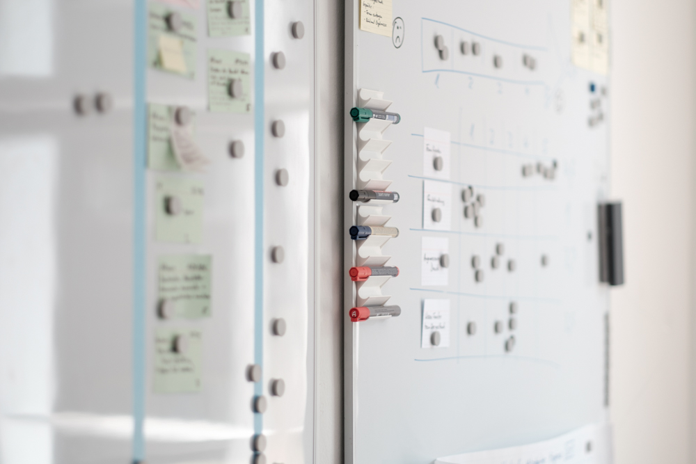 Whiteboard mit Karteikarten und Notizen zur Sprintplanug.